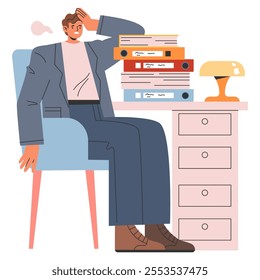 Stressed businessman concept. An overwhelmed male professional with a pile of work. Corporate deadline pressures and office burnout. Vector illustration.