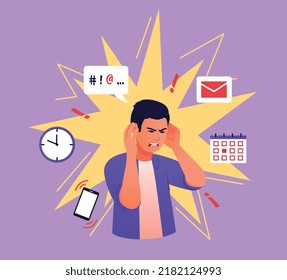 Stressed businessman concept. Young guy covers head with rooks, defending himself from bad news. Panic and derpessia, pressure. Feelings and emotions, expression. Cartoon flat vector illustration