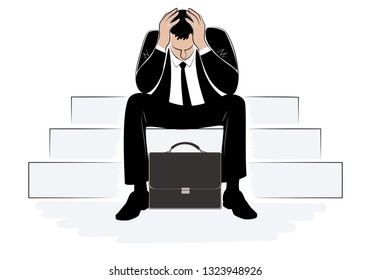 Stressed businessman covering his head with hands. Concept business man in stress. Vector illustration isolated on white.