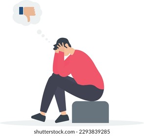 Stressed Businessman, Demotivation from failure, mistake or negative feedback, no passion or burnout from exhausted work, mental breakdown or depression concept, sad stressed man, negative thumb 
