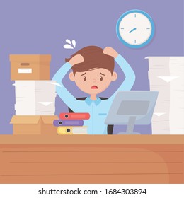 empresario estresado en el escritorio con carpetas de computadoras y reloj apilado de papel en la ilustración de vector de pared
