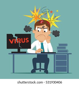 Stressed businessman with explosion head with computer infected virus, vector illustration cartoon