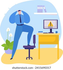 Stressed businessman facing computer error in office setup. Frustrated male character with hands on head near desk. Workplace technology issues vector illustration.