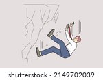 Stressed businessman fall down from rock suffer from work failure or crisis. Unhappy male employee have professional or job fiasco struggle breakdown. Flat vector illustration. 