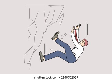 Stressed Businessman Fall Down From Rock Suffer From Work Failure Or Crisis. Unhappy Male Employee Have Professional Or Job Fiasco Struggle Breakdown. Flat Vector Illustration. 