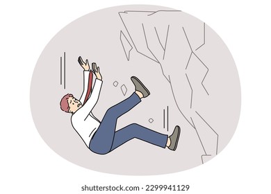 Stressed businessman fall down from rock suffer from work failure or crisis. Unhappy male employee have professional or job fiasco struggle breakdown. Flat vector illustration.