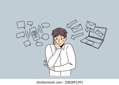 Stressed businessman feel anxious with phone and computer notifications. Unhappy worried man employee or worker distressed frustrated with workload online. Overwork concept. Vector illustration. 