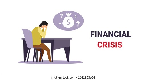 stressed businessman frustrated about money bag with question marks financial crisis bankruptcy investment risk concept business man sitting at workplace holding head full length horizontal vector
