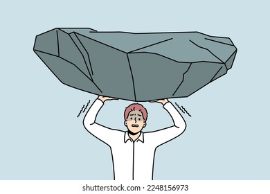 Stressed businessman hold heavy stone suffer from workload. Unhappy distressed male employee struggle with boulder burden, overwhelmed with job. Vector illustration. 