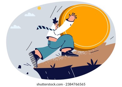 Stressed businessman holding bitcoin help cryptocurrency to fall down cliff. Man trader saving crypto currency from financial crisis. Finance and trading. Vector illustration.