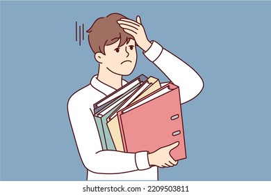 Stressed businessman holding folders feel overworked in office. Unhappy tired male employee overwhelmed with business tasks. Vector illustration. 