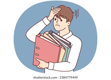 Stressed businessman holding folders feel overworked in office. Unhappy tired male employee overwhelmed with business tasks. Vector illustration.