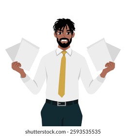Stressed Businessman holding multiple documents with a tense or frustrated expression. Flat Vector character illustration