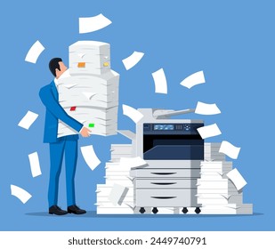 Stressed businessman holds pile of office documents. Overworked business man with stacks of papers. Office printer machine. Stress at work. Bureaucracy, paperwork, big data. Flat vector illustration