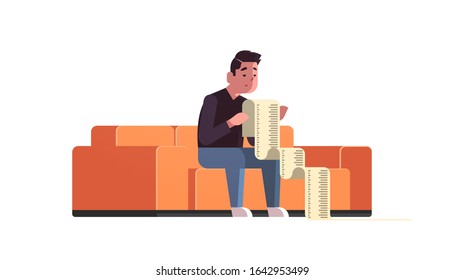 stressed businessman with long tax document debtor shocked by payment bills financial crisis bankruptcy concept bankrupt sitting on sofa worried about paying a lot of money horizontal vector