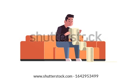 stressed businessman with long tax document debtor shocked by payment bills financial crisis bankruptcy concept bankrupt sitting on sofa worried about paying a lot of money horizontal vector