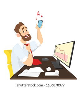 Stressed Businessman Or Office Worker Sitting At The Desk And Looking At The Falling Down Graph In Panic. Talking To Angry Customer On The Phone. Vector Illustration In Cartoon Style.