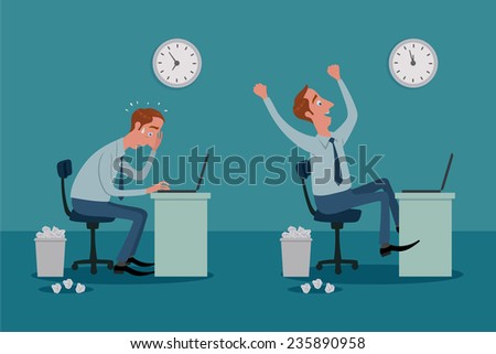 Stressed businessman on laptop computer working with pressure, and be happy.