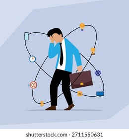Hombre de negocios estresado con tareas abrumadoras Concepto de órbita - Multitarea y Burnout 2d Ilustración vectorial plana