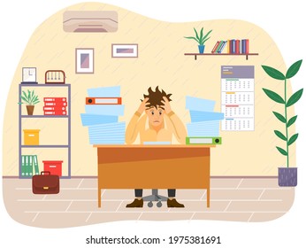 Stressed businessman in pile of office papers and documents trying to finish work on time. Stress and deadline at work. Male office employee is working with documents to deal with deadlines