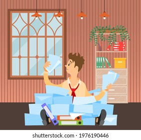 Stressed businessman in pile of papers and documents trying to finish work. Male employee is working with documents to deal with deadlines. Man works with assignments at home to complete on time