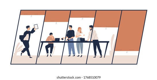 Stressed Businessman Pointing At Profit Drop Graph On Tablet Showing Colleagues Vector Flat Illustration. Team Of Not Motivated Business People At Office Isolated. Finance Crisis Or Collapse