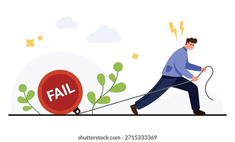 Empresário estressado puxando grande bola vermelha de falha representa luta com falha, desafios de negócios, estresse e superação de obstáculos na carreira isolado no vetor branco de fundo ilustração