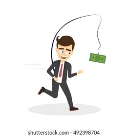 Stressed businessman running after money. Smiling greedy man in suit running after money with fishing pole and green dollar.