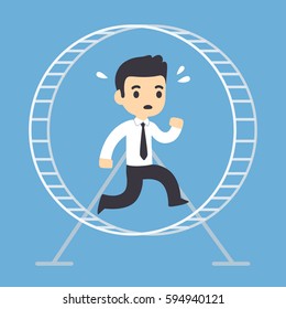 Stressed businessman running in hamster wheel. Rat race concept vector illustration.