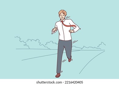 Stressed businessman running on road worried about meeting deadline. Anxious man feel in rush hurry or being late. Vector illustration. 