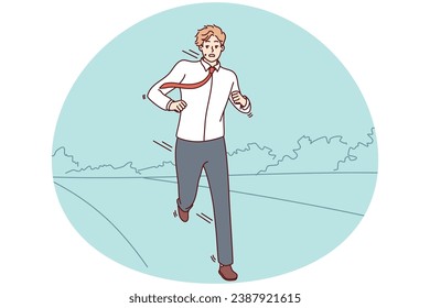 Stressed businessman running on road worried about meeting deadline. Anxious man feel in rush hurry or being late. Vector illustration.