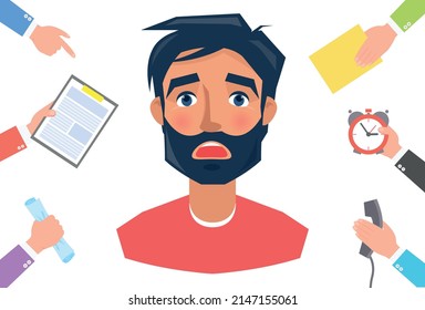 Stressed businessman scared of late work. Male employee trying to deal with deadlines. Man surrounded by hands with office equipment vector illustration. Shocked face expression of adult perso