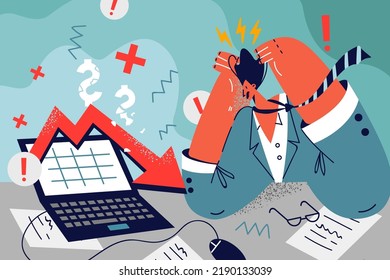 Stressed businessman sit at desk overwhelmed with financial bad statistics. Unhappy male employee distressed with negative report results. Business failure. Vector illustration. 