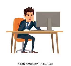 Un hombre de negocios estresado sentado frente a una computadora sosteniendo la cabeza con dos manos. Empleado deprimido sentado en el lugar de trabajo. Administrador. Caricatura. Ilustración vectorial de material en diseño plano.