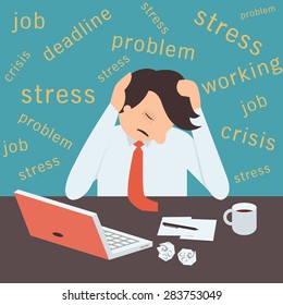 Stressed businessman, sitting on desk in workplace with stressful background. 