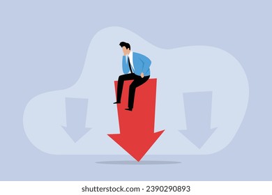 Stressed businessman sitting on a down arrow