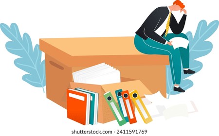 Stressed businessman sitting on large cardboard box filled with folders. Overwhelmed male office worker with paperwork. Work stress and business burnout concept vector illustration.