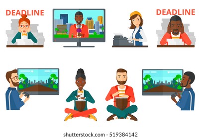 Stressed businessman sitting with stacks of papers and having problem with deadline. Deadline concept. Man playing the drum. Set of vector flat design illustrations isolated on white background.