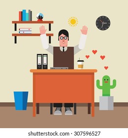 Stressed businessman sitting at the table. Flat design vector illustration concept.