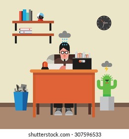 Stressed businessman sitting at the table. Flat design vector illustration concept.