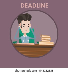 Stressed businessman sitting at the table with papers. Overworked businessman having problem with deadline. Deadline concept. Vector flat design illustration in the circle isolated on background.
