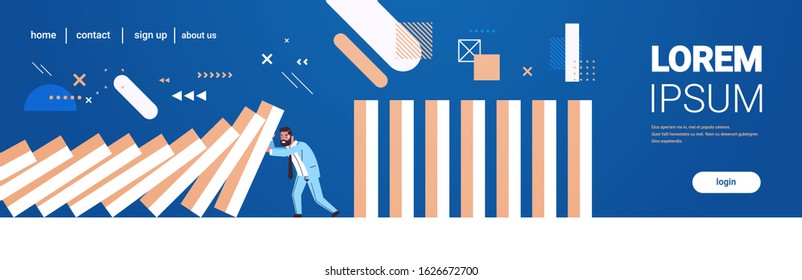 stressed businessman stopping domino effect crisis management chain reaction finance intervention conflict prevention concept horizontal full length copy space vector illustration