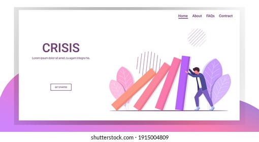 Stressed Businessman Stopping Domino Effect Crisis Management Chain Reaction Finance Intervention Conflict Prevention Concept Horizontal Full Length Copy Space Vector Illustration