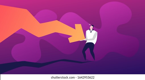 stressed businessman stopping economic arrow falling down financial crisis bankrupt investment risk concept downward graph full length horizontal vector illustration