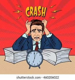 Stressed Businessman Sunk Up in Paperwork. Pop Art. Vector illustration
