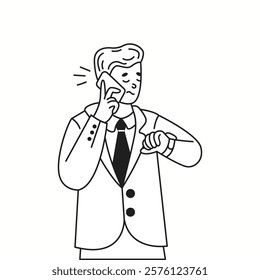 Stressed businessman talking on phone and checking time on wristwatch linear icon. Feeling impatient man doodle character thin line illustration