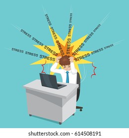 Stressed businessman tired to work with laptop computer, vector illustration cartoon