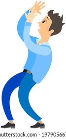 Stressed businessman trying to finish work on time. Stress and deadline at work. Male employee is in hurry to deal with deadlines. Frightened and tired man in business suit rushes to finish task