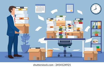 Stressed businessman under pile of office papers and documents. Office building interior. Office documents heap. Vector illustration in flat style