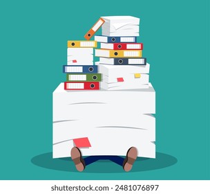 Stressed businessman under pile of office papers and documents. Stress at work. Overworked. File folders. Bureaucracy, paperwork. Vector illustration in flat style